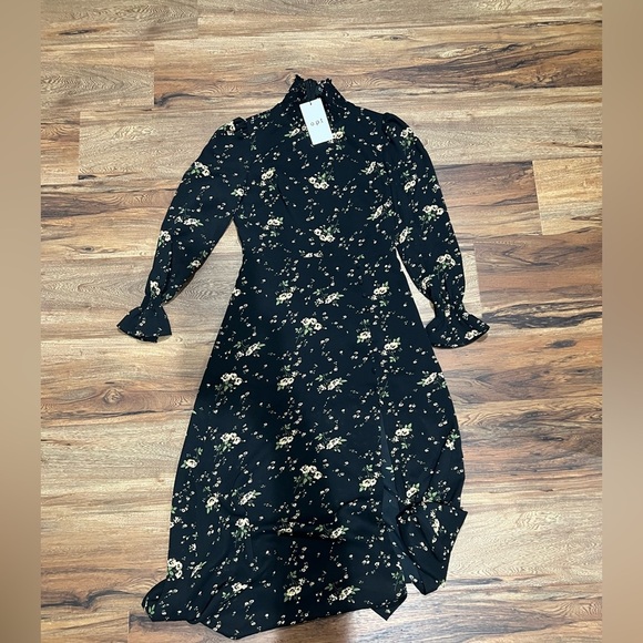 o.p.t Chic Black Floral Long Sleeve Dress Smocked Turtle Neck Long Dress - Picture 6 of 6